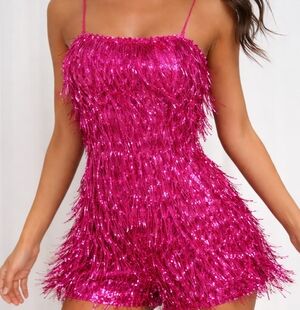Salsa Festival Ready! Bear Dance Hot Pink Sequin Fringe Romper Size L – Glam
